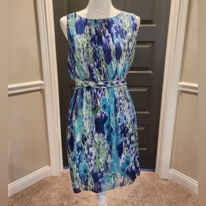 Blue and White Watercolor Print Pleated Sheath Dress